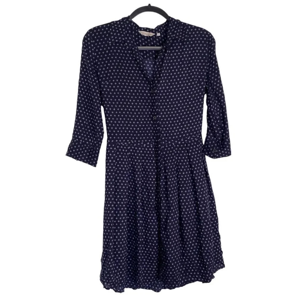 ANTHROPOLOGIE Tylho Button Front 3/4 Sleeve Pleated Shirt Dress Navy Size Small